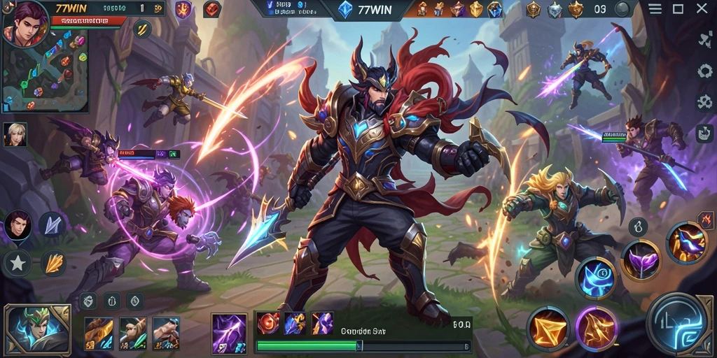 Screenshot gameplay <strong>77WIN</strong> dengan pertarungan hero seru.