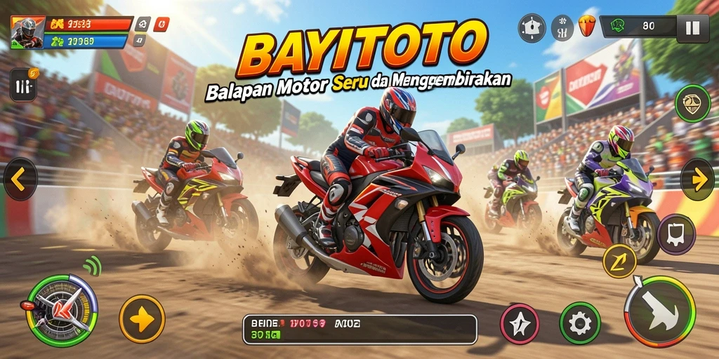 Tangkapan layar utama dari gameplay BAYITOTO dengan aksi balapan motor yang mendebarkan.